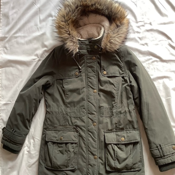 Halogen light army green fur trim hooded Parka Utility Jacket, size medium - Picture 2 of 8